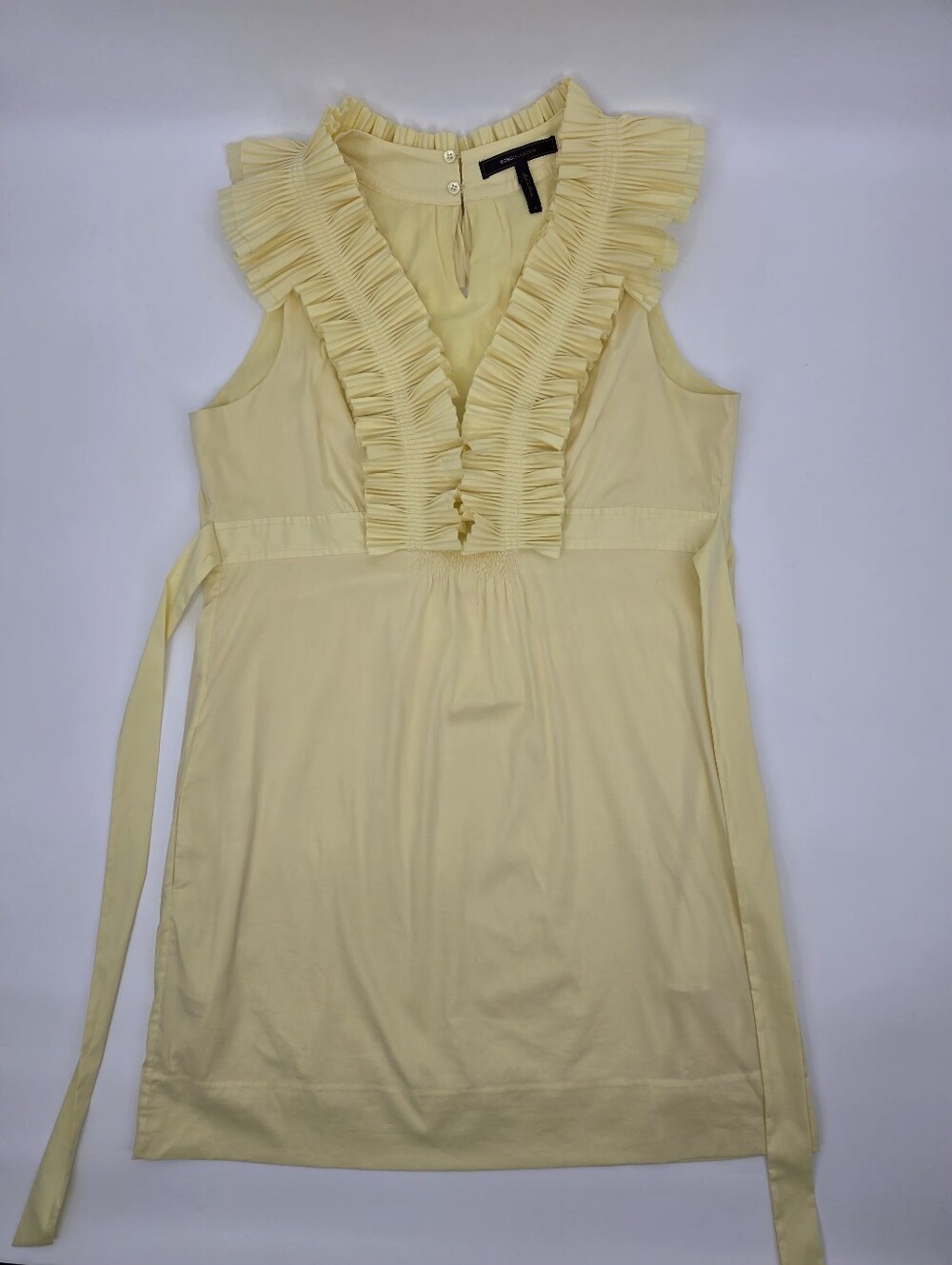 BCBGMAXAZRIA Yellow Ruffle Front Sleeveless Tunic Dress Size M Tie Cottagecore